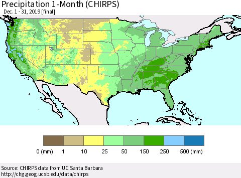 United States Precipitation 1-Month (CHIRPS) Thematic Map For 12/1/2019 - 12/31/2019