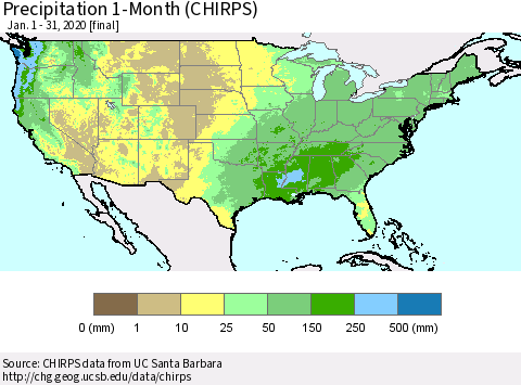 United States Precipitation 1-Month (CHIRPS) Thematic Map For 1/1/2020 - 1/31/2020
