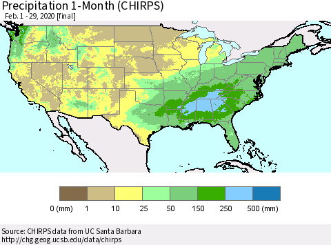 United States Precipitation 1-Month (CHIRPS) Thematic Map For 2/1/2020 - 2/29/2020