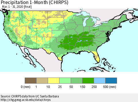 United States Precipitation 1-Month (CHIRPS) Thematic Map For 3/1/2020 - 3/31/2020