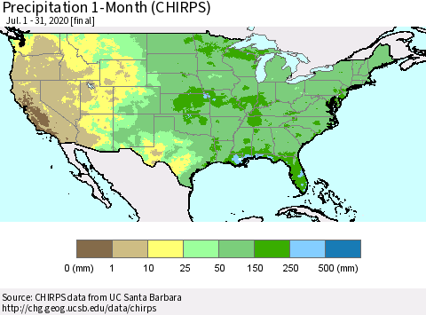 United States Precipitation 1-Month (CHIRPS) Thematic Map For 7/1/2020 - 7/31/2020