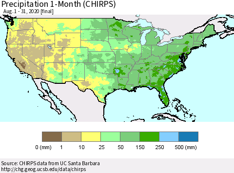 United States Precipitation 1-Month (CHIRPS) Thematic Map For 8/1/2020 - 8/31/2020
