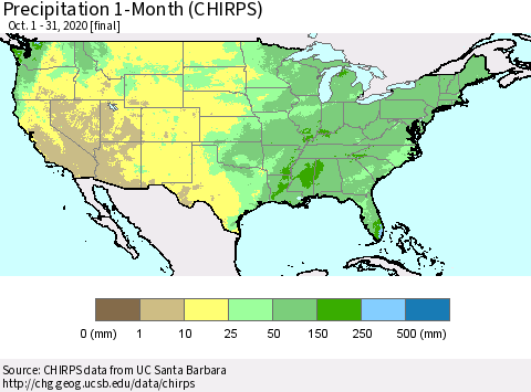 United States Precipitation 1-Month (CHIRPS) Thematic Map For 10/1/2020 - 10/31/2020