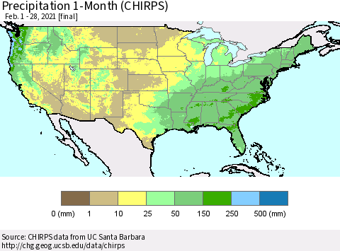 United States Precipitation 1-Month (CHIRPS) Thematic Map For 2/1/2021 - 2/28/2021