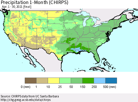 United States Precipitation 1-Month (CHIRPS) Thematic Map For 4/1/2021 - 4/30/2021