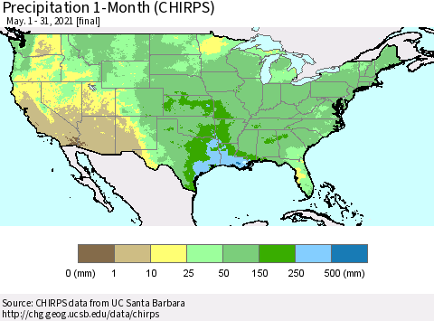 United States Precipitation 1-Month (CHIRPS) Thematic Map For 5/1/2021 - 5/31/2021