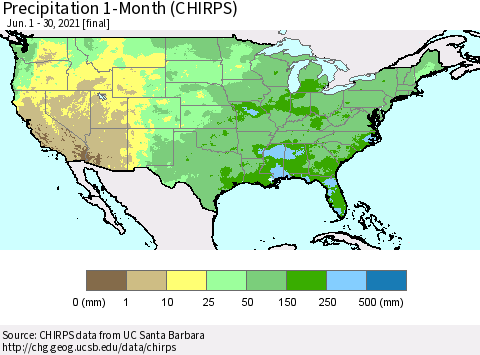 United States Precipitation 1-Month (CHIRPS) Thematic Map For 6/1/2021 - 6/30/2021
