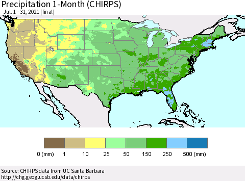 United States Precipitation 1-Month (CHIRPS) Thematic Map For 7/1/2021 - 7/31/2021