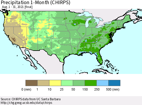 United States Precipitation 1-Month (CHIRPS) Thematic Map For 8/1/2021 - 8/31/2021