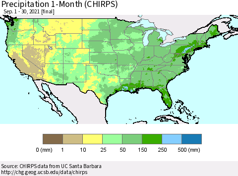 United States Precipitation 1-Month (CHIRPS) Thematic Map For 9/1/2021 - 9/30/2021