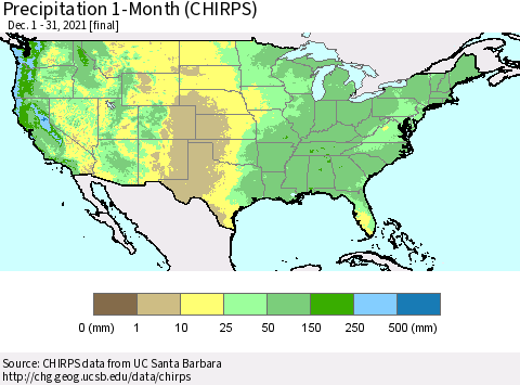 United States Precipitation 1-Month (CHIRPS) Thematic Map For 12/1/2021 - 12/31/2021