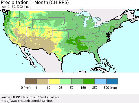 United States Precipitation 1-Month (CHIRPS) Thematic Map For 4/1/2022 - 4/30/2022
