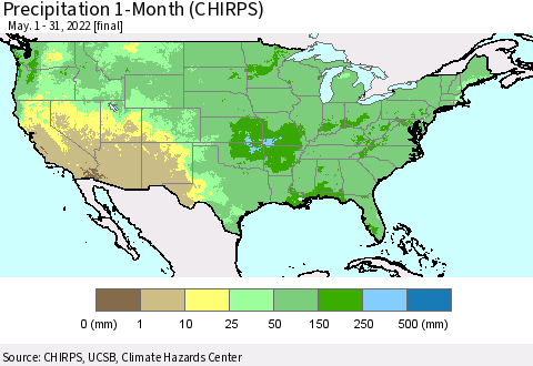 United States Precipitation 1-Month (CHIRPS) Thematic Map For 5/1/2022 - 5/31/2022