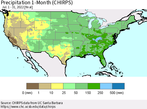 United States Precipitation 1-Month (CHIRPS) Thematic Map For 7/1/2022 - 7/31/2022