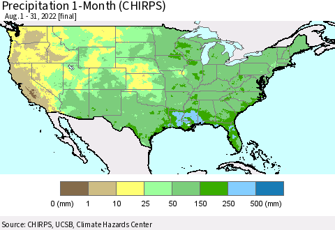 United States Precipitation 1-Month (CHIRPS) Thematic Map For 8/1/2022 - 8/31/2022