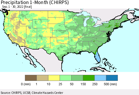 United States Precipitation 1-Month (CHIRPS) Thematic Map For 9/1/2022 - 9/30/2022