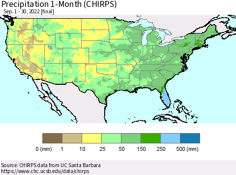 United States Precipitation 1-Month (CHIRPS) Thematic Map For 9/1/2022 - 9/30/2022