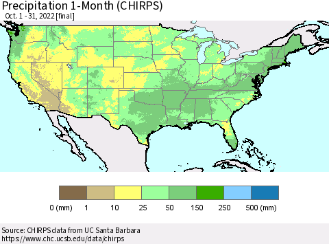 United States Precipitation 1-Month (CHIRPS) Thematic Map For 10/1/2022 - 10/31/2022