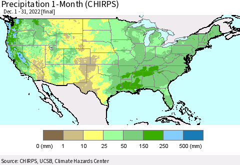 United States Precipitation 1-Month (CHIRPS) Thematic Map For 12/1/2022 - 12/31/2022