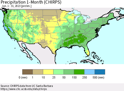 United States Precipitation 1-Month (CHIRPS) Thematic Map For 1/1/2023 - 1/31/2023