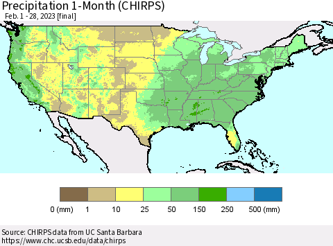 United States Precipitation 1-Month (CHIRPS) Thematic Map For 2/1/2023 - 2/28/2023
