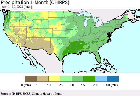 United States Precipitation 1-Month (CHIRPS) Thematic Map For 4/1/2023 - 4/30/2023