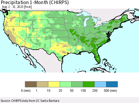 United States Precipitation 1-Month (CHIRPS) Thematic Map For 8/1/2023 - 8/31/2023