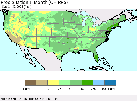 United States Precipitation 1-Month (CHIRPS) Thematic Map For 9/1/2023 - 9/30/2023