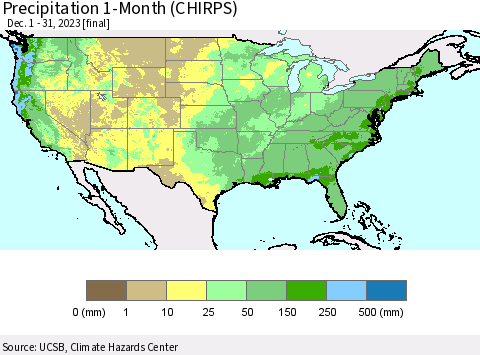 United States Precipitation 1-Month (CHIRPS) Thematic Map For 12/1/2023 - 12/31/2023