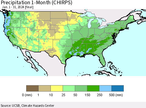 United States Precipitation 1-Month (CHIRPS) Thematic Map For 1/1/2024 - 1/31/2024