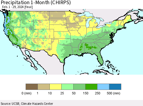 United States Precipitation 1-Month (CHIRPS) Thematic Map For 2/1/2024 - 2/29/2024