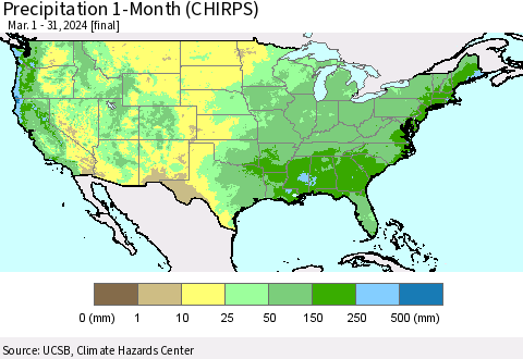 United States Precipitation 1-Month (CHIRPS) Thematic Map For 3/1/2024 - 3/31/2024