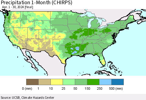 United States Precipitation 1-Month (CHIRPS) Thematic Map For 4/1/2024 - 4/30/2024