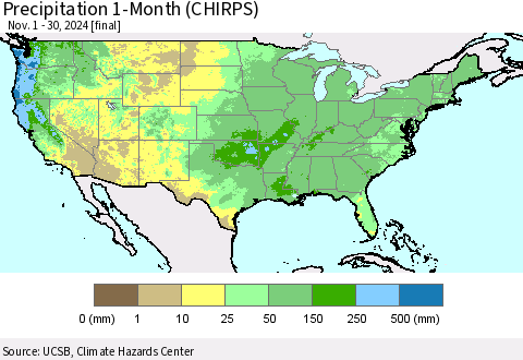 United States Precipitation 1-Month (CHIRPS) Thematic Map For 11/1/2024 - 11/30/2024