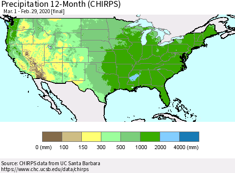 United States Precipitation 12-Month (CHIRPS) Thematic Map For 3/1/2019 - 2/29/2020