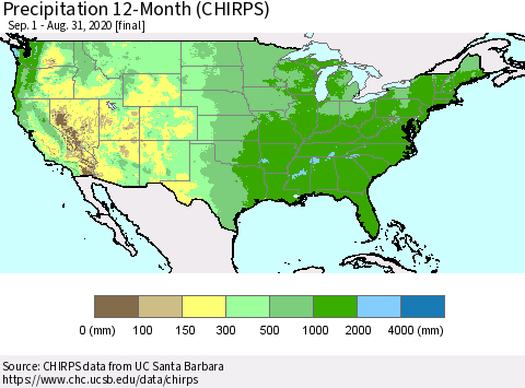 United States Precipitation 12-Month (CHIRPS) Thematic Map For 9/1/2019 - 8/31/2020