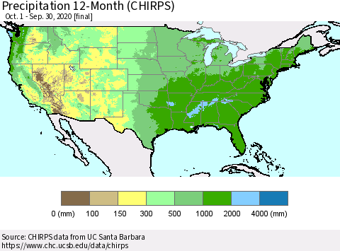 United States Precipitation 12-Month (CHIRPS) Thematic Map For 10/1/2019 - 9/30/2020