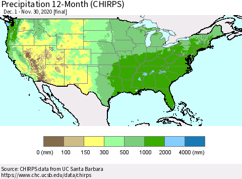 United States Precipitation 12-Month (CHIRPS) Thematic Map For 12/1/2019 - 11/30/2020