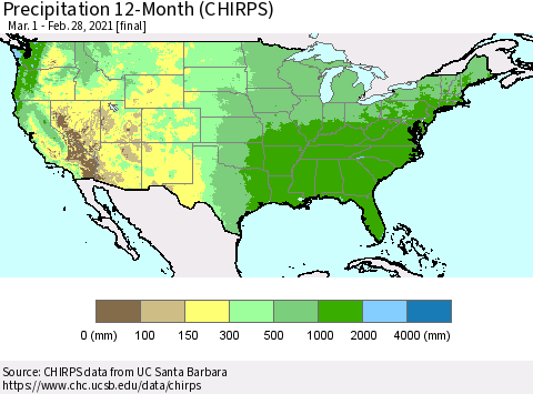 United States Precipitation 12-Month (CHIRPS) Thematic Map For 3/1/2020 - 2/28/2021