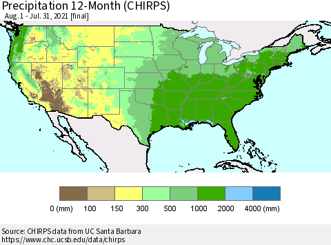 United States Precipitation 12-Month (CHIRPS) Thematic Map For 8/1/2020 - 7/31/2021