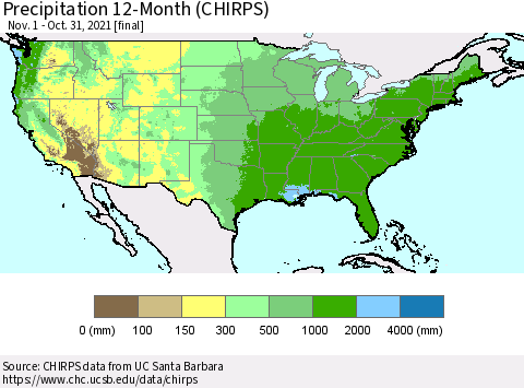 United States Precipitation 12-Month (CHIRPS) Thematic Map For 11/1/2020 - 10/31/2021