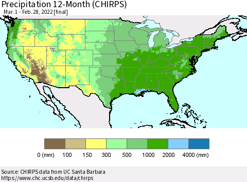United States Precipitation 12-Month (CHIRPS) Thematic Map For 3/1/2021 - 2/28/2022