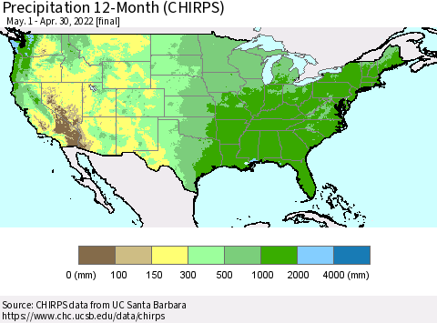 United States Precipitation 12-Month (CHIRPS) Thematic Map For 5/1/2021 - 4/30/2022