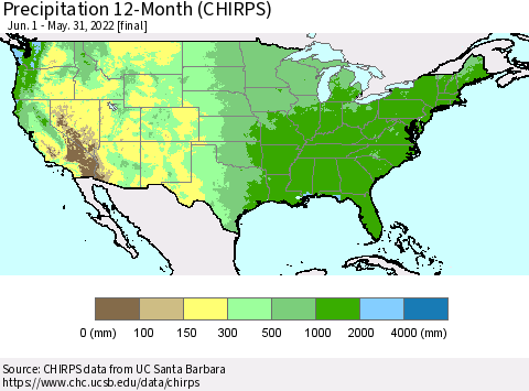 United States Precipitation 12-Month (CHIRPS) Thematic Map For 6/1/2021 - 5/31/2022