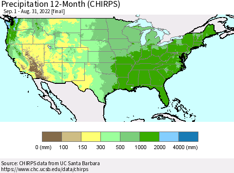 United States Precipitation 12-Month (CHIRPS) Thematic Map For 9/1/2021 - 8/31/2022