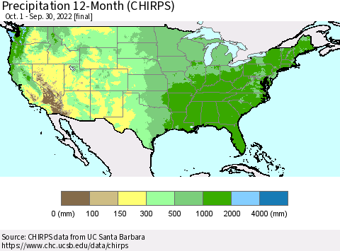 United States Precipitation 12-Month (CHIRPS) Thematic Map For 10/1/2021 - 9/30/2022