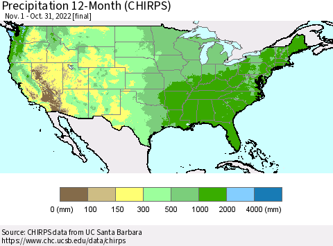 United States Precipitation 12-Month (CHIRPS) Thematic Map For 11/1/2021 - 10/31/2022
