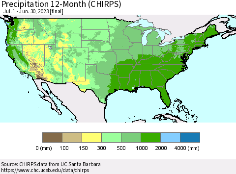 United States Precipitation 12-Month (CHIRPS) Thematic Map For 7/1/2022 - 6/30/2023