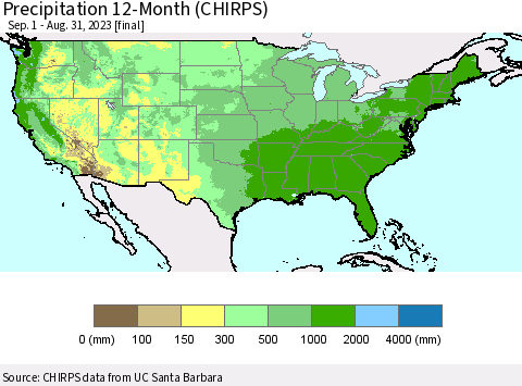 United States Precipitation 12-Month (CHIRPS) Thematic Map For 9/1/2022 - 8/31/2023