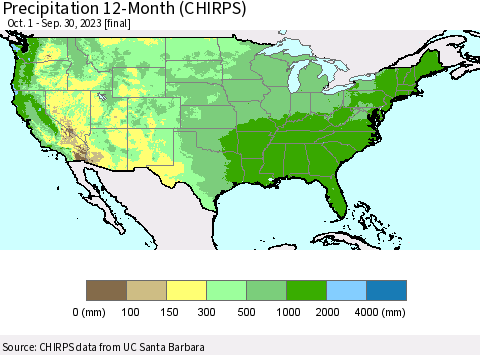 United States Precipitation 12-Month (CHIRPS) Thematic Map For 10/1/2022 - 9/30/2023